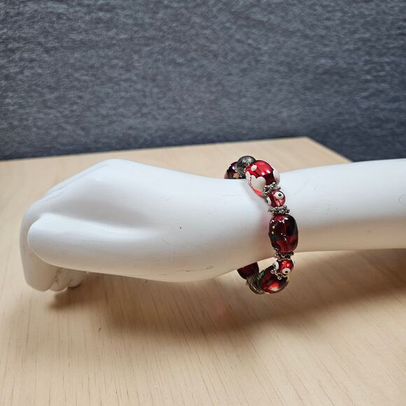 Vintage Lamp Work Glass Bead Stretch Bracelet Christmas Motif Holiday Anklet - Picture 2 of 6